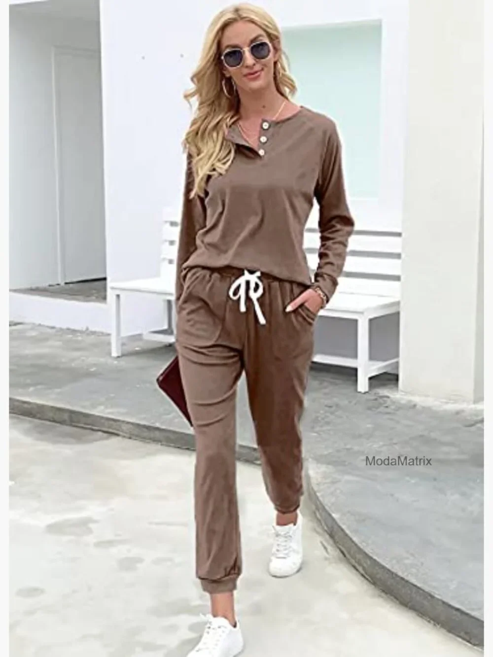 Two Piece Lounge Set Button Down Sweatshirt Sweatpants with Pockets - Picture 3 of 7